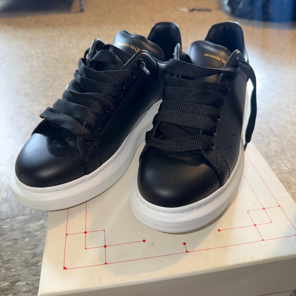 Alexander McQueen Black Leather Sneakers with White Platform Sole